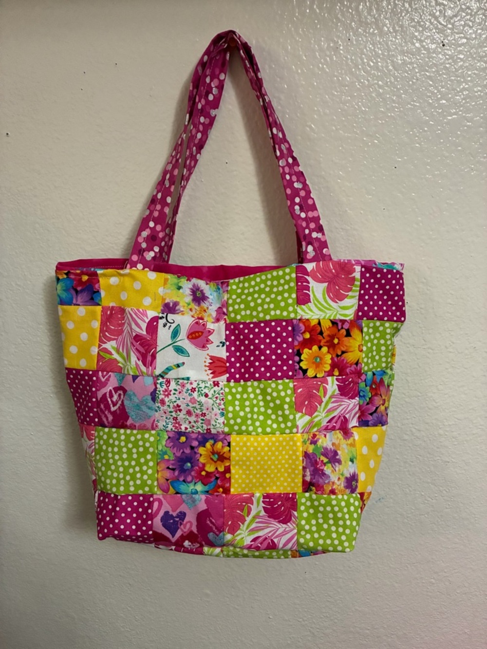 Bright Patchwork Floral Tote Bag in Pink, Green & Yellow